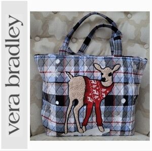 VERA BRADLEY MERRY MISCHIEF SNOW DAY TOTE QUILTED PLAID DEER SHOULDER BAG